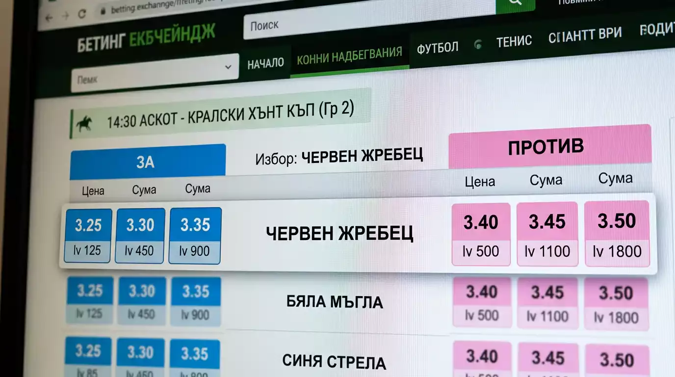 Екран с ролите за залог и lay на залагателна борса