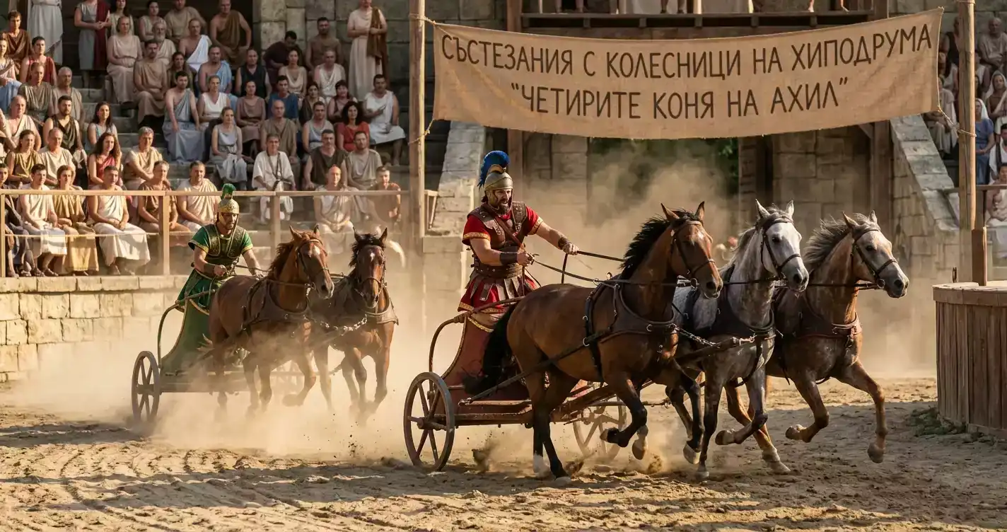 Древногръцки колесници в надбягване на антична арена