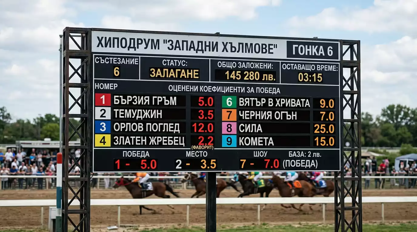 Тото табло с pari-mutuel коефициенти на американски хиподрум