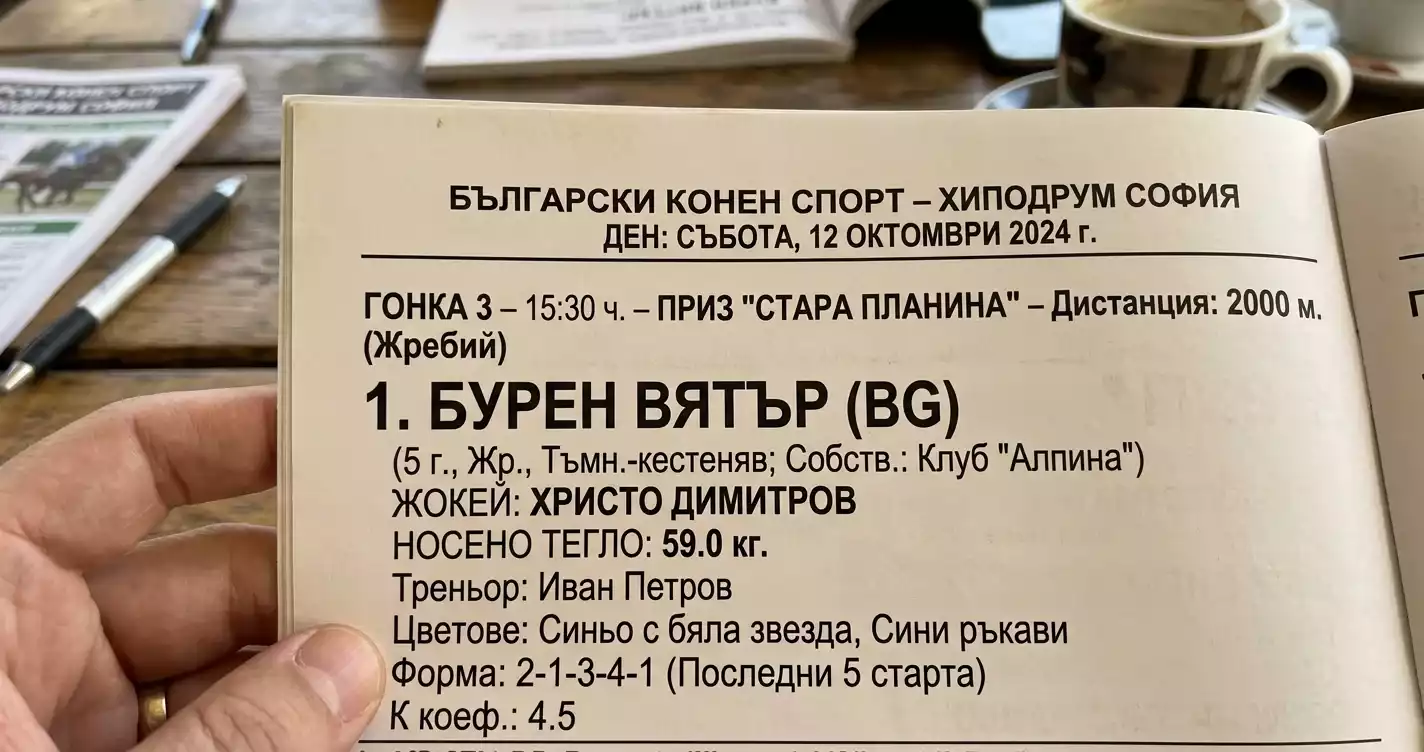 Формуляр с име, тегло и жокей на кон преди надбягване