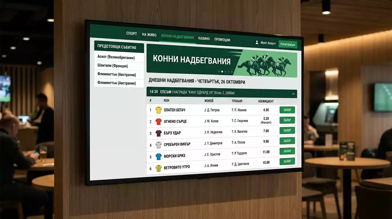 Голяма международна букмейкърска платформа с конен раздел на екран