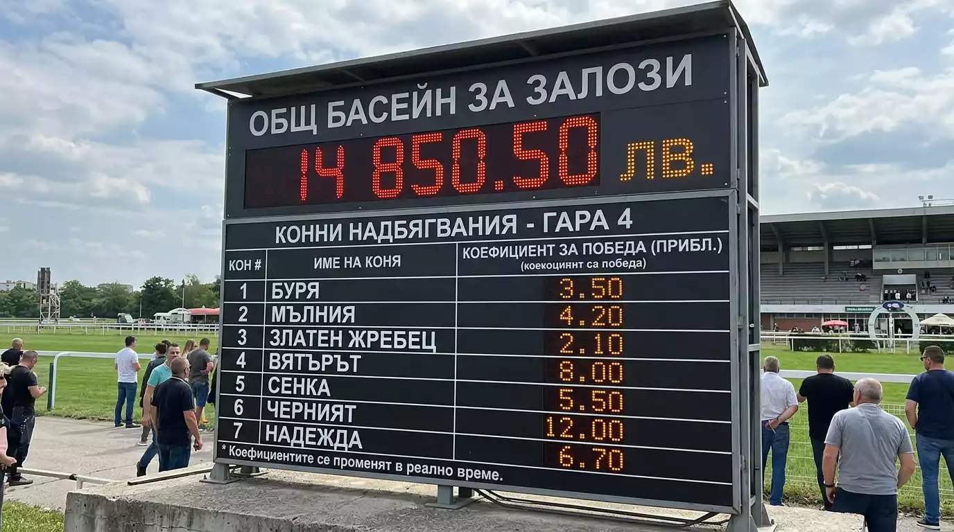 Тото табло с общия пул и приблизителни коефициенти на хиподрум