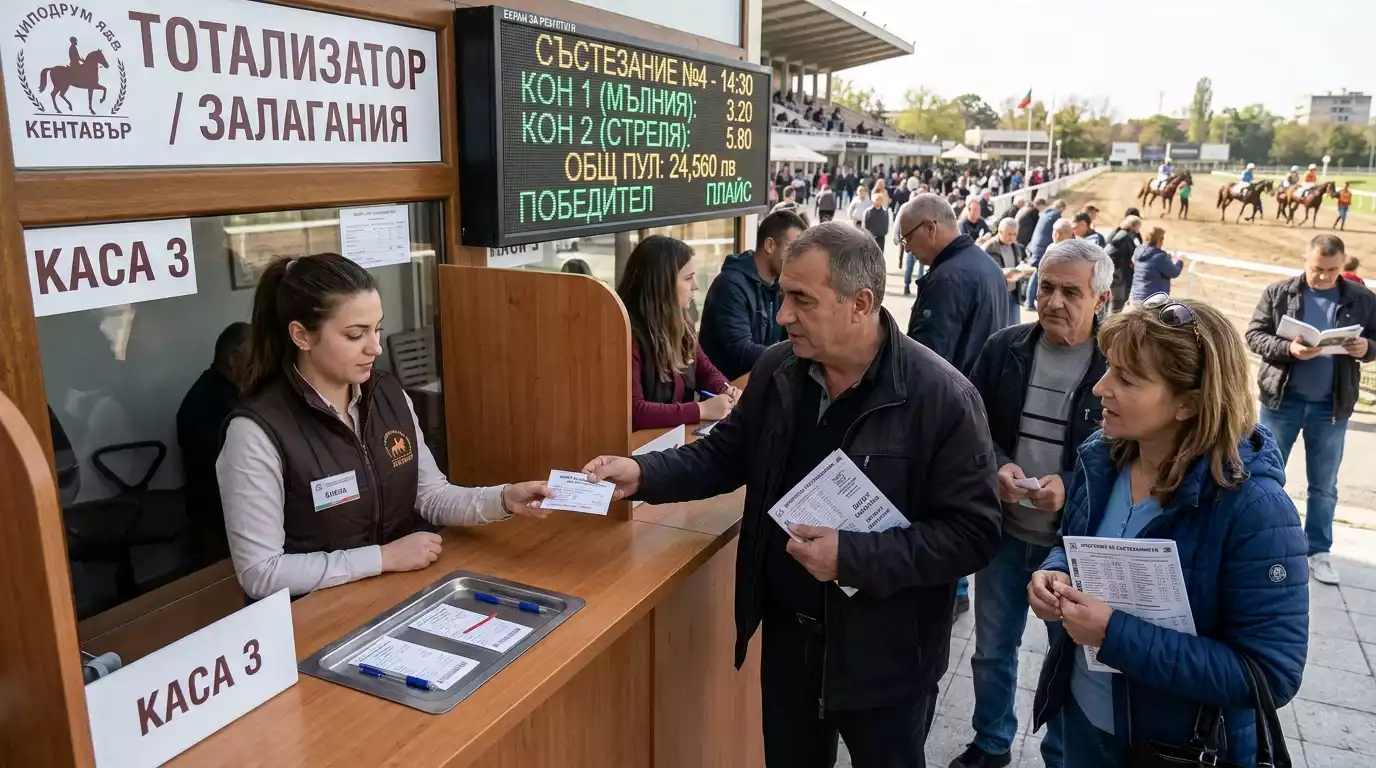 Група хора залага на хиподрум, докато пулът се формира на таблото