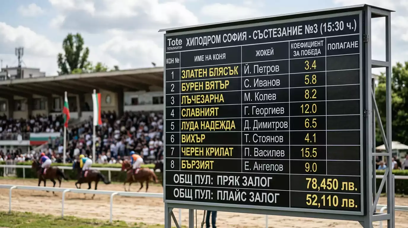 Табло с pari-mutuel коефициенти на хиподрум